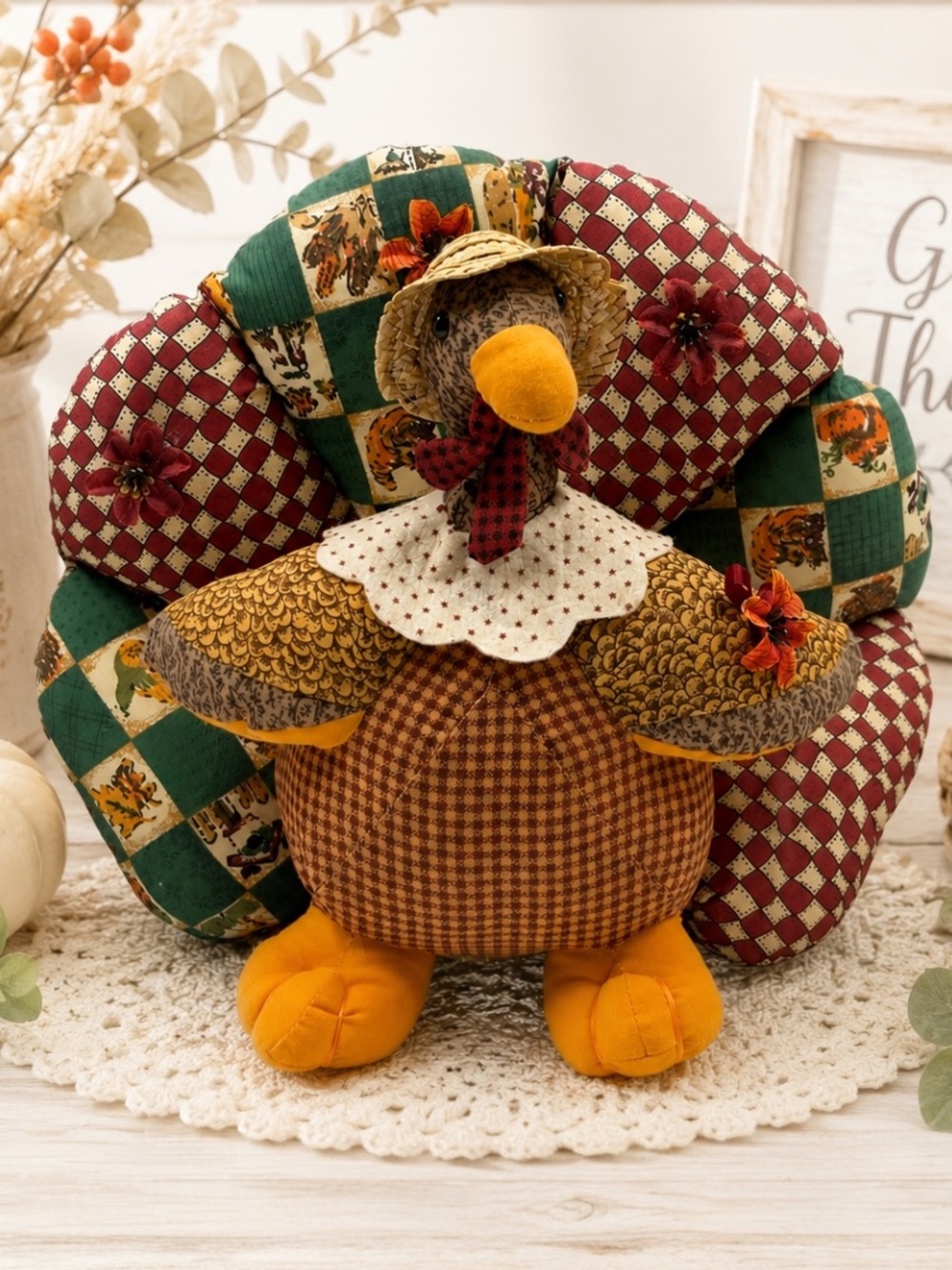 Vintage Dan Dee Thanksgiving Patchwork Quilted Turkey Plush Pillow Centerpiece